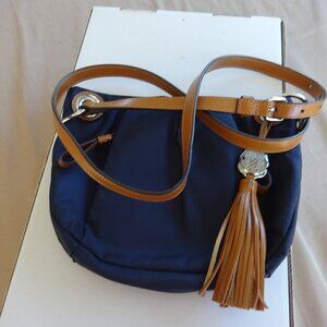 Vince Camuto cross body purse, nylon ,leather, silver tone hardware peacoat blue